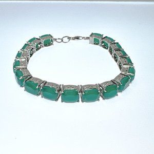 Cushion Cut Green Onyx Rhodium Plated Sterling Silver 7" Tennis Bracelet